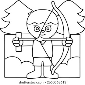 Um desenho simples em preto e branco de um personagem cupido apontando um arco e uma flecha. O cupido fica entre duas árvores estilizadas com nuvens ao fundo.