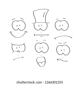 Simple black and white cartoon emotions on a white background.