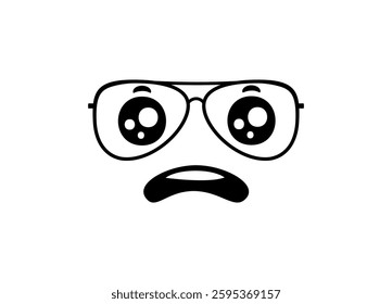 A simple black and white cartoon face with big glasses, eyes wide open in a cute surprised expression.