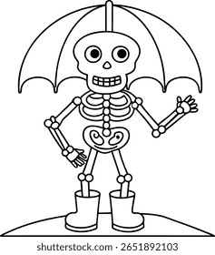 A simple black and white cartoon illustration of a skeleton standing under an umbrella and wearing rain boots. The skeleton is waving with one hand.