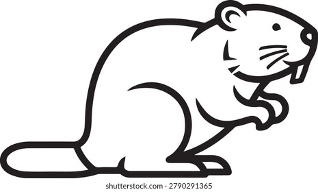 Simple black and white cartoon illustration of a cheerful beaver sitting upright while holding a tree branch.
