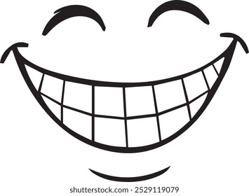 simple black and white cartoon image of a wide smiling mouth with a row of teeth suggesting amusement and joy.