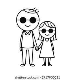 A simple black and white cartoon image of a man and a young girl holding hands and wearing sunglasses
