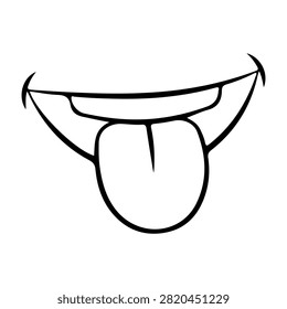Simple black and white cartoon style drawing of a smiling face with tongue sticking out, conveying fun and playfulness.