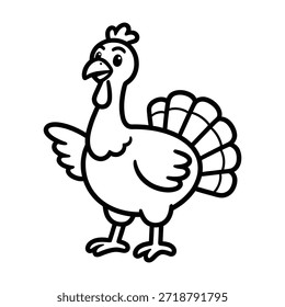 Simple Ilustración vectorial de contorno de Turquía de dibujos animados en blanco y negro aislado sobre fondo blanco.