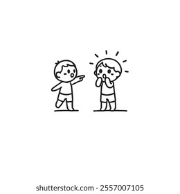 A simple black and white cartoon of two children, one pointing while the other seems shocked. Illustrates emotions of surprise and accusation. Great for educational or storytelling purposes.