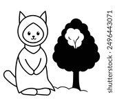 Simple Black and White Cat Sitting Under Tree International Cat Day Costume Vector Line Art.