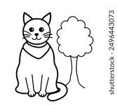 Simple Black and White Cat Sitting Under Tree International Cat Day Costume Vector Line Art.