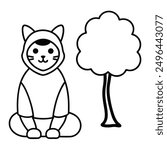 Simple Black and White Cat Sitting Under Tree International Cat Day Costume Vector Line Art.