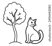 Simple Black and White Cat Sitting Under Tree International Cat Day Costume Vector Line Art.