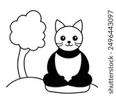 Simple Black and White Cat Sitting Under Tree International Cat Day Costume Vector Line Art.