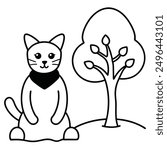 Simple Black and White Cat Sitting Under Tree International Cat Day Costume Vector Line Art.