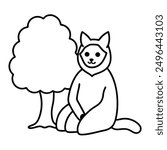 Simple Black and White Cat Sitting Under Tree International Cat Day Costume Vector Line Art.