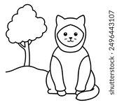 Simple Black and White Cat Sitting Under Tree International Cat Day Costume Vector Line Art.