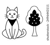 Simple Black and White Cat Sitting Under Tree International Cat Day Costume Vector Line Art.