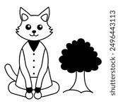Simple Black and White Cat Sitting Under Tree International Cat Day Costume Vector Line Art.