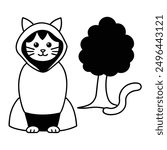 Simple Black and White Cat Sitting Under Tree International Cat Day Costume Vector Line Art.