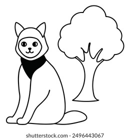 Simple Black and White Cat Sitting Under Tree International Cat Day Costume Vector Line Art.