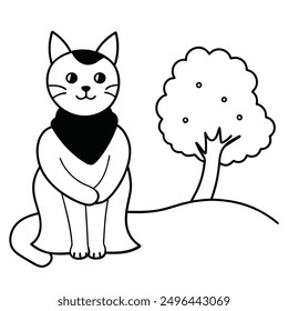 Simple Black and White Cat Sitting Under Tree International Cat Day Costume Vector Line Art.