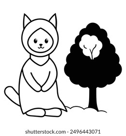 Simple Black and White Cat Sitting Under Tree International Cat Day Costume Vector Line Art.