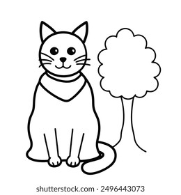 Simple Black and White Cat Sitting Under Tree International Cat Day Costume Vector Line Art.