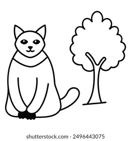 Simple Black and White Cat Sitting Under Tree International Cat Day Costume Vector Line Art.