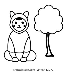 Simple Black and White Cat Sitting Under Tree International Cat Day Costume Vector Line Art.