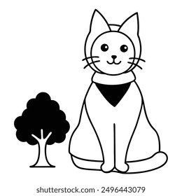 Simple Black and White Cat Sitting Under Tree International Cat Day Costume Vector Line Art.