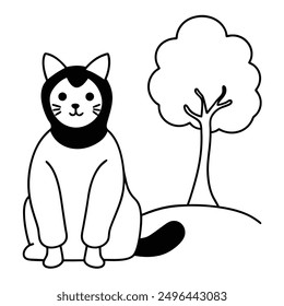 Simple Black and White Cat Sitting Under Tree International Cat Day Costume Vector Line Art.