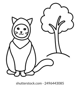 Simple Black and White Cat Sitting Under Tree International Cat Day Costume Vector Line Art.