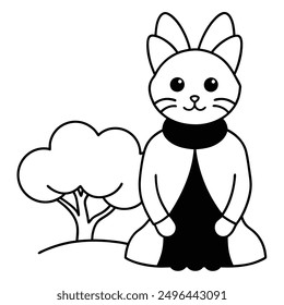 Simple Black and White Cat Sitting Under Tree International Cat Day Costume Vector Line Art.