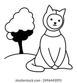 Simple Black and White Cat Sitting Under Tree International Cat Day Costume Vector Line Art.