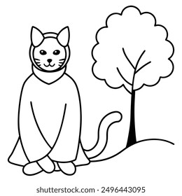 Simple Black and White Cat Sitting Under Tree International Cat Day Costume Vector Line Art.