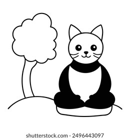 Simple Black and White Cat Sitting Under Tree International Cat Day Costume Vector Line Art.