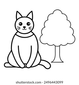 Simple Black and White Cat Sitting Under Tree International Cat Day Costume Vector Line Art.