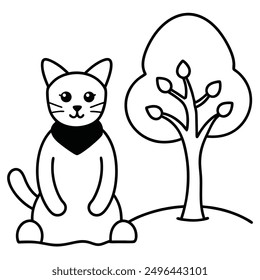 Simple Black and White Cat Sitting Under Tree International Cat Day Costume Vector Line Art.