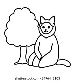 Simple Black and White Cat Sitting Under Tree International Cat Day Costume Vector Line Art.