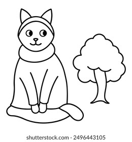 Simple Black and White Cat Sitting Under Tree International Cat Day Costume Vector Line Art.