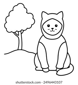 Simple Black and White Cat Sitting Under Tree International Cat Day Costume Vector Line Art.