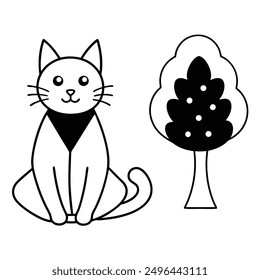 Simple Black and White Cat Sitting Under Tree International Cat Day Costume Vector Line Art.