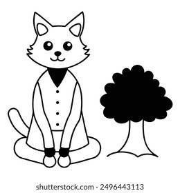 Simple Black and White Cat Sitting Under Tree International Cat Day Costume Vector Line Art.