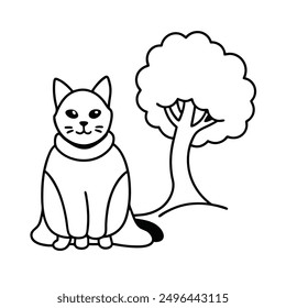 Simple Black and White Cat Sitting Under Tree International Cat Day Costume Vector Line Art.