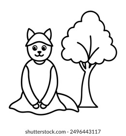 Simple Black and White Cat Sitting Under Tree International Cat Day Costume Vector Line Art.