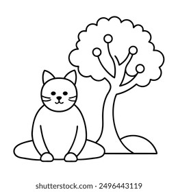 Simple Black and White Cat Sitting Under Tree International Cat Day Costume Vector Line Art.