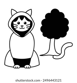 Simple Black and White Cat Sitting Under Tree International Cat Day Costume Vector Line Art.