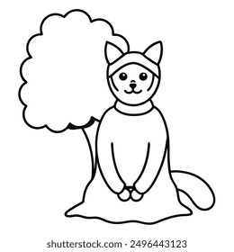 Simple Black and White Cat Sitting Under Tree International Cat Day Costume Vector Line Art.