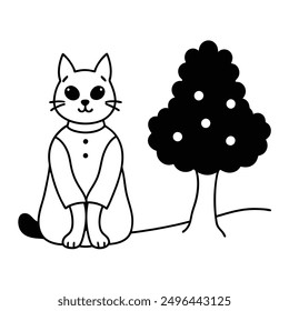 Simple Black and White Cat Sitting Under Tree International Cat Day Costume Vector Line Art.