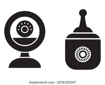 Simple Black and White CCTV Security Camera and Wireless Transmitter Icons