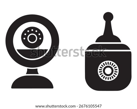Simple Black and White CCTV Security Camera and Wireless Transmitter Icons