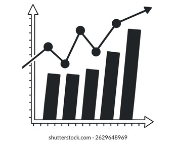 Simple black and white chart showing upward growth. graphic of a rising bar graph with data elements. modern graphic of a rising bar graph, perfect for showcasing growth and data. business, finance.